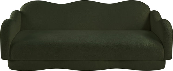 Meridian Furniture Bloom Sculptural Curved Sofa with Cloud Silhouette Seats Three for Modern Living Rooms Green Faux Shearling Teddy Fabric 44006Green-S