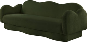 Meridian Furniture Bloom Sculptural Curved Sofa with Cloud Silhouette Seats Three for Modern Living Rooms Green Faux Shearling Teddy Fabric 44006Green-S