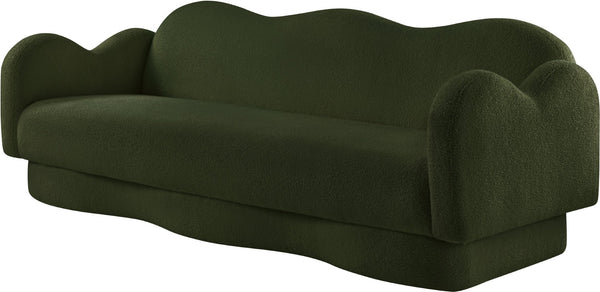 Meridian Furniture Bloom Sculptural Curved Sofa with Cloud Silhouette Seats Three for Modern Living Rooms Green Faux Shearling Teddy Fabric 44006Green-S