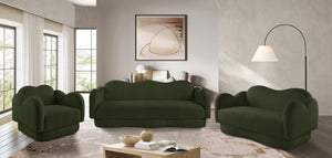 Meridian Furniture Bloom Sculptural Curved Sofa with Cloud Silhouette Seats Three for Modern Living Rooms Green Faux Shearling Teddy Fabric 44006Green-S