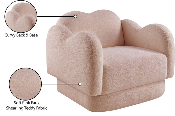 Meridian Furniture Bloom Sculptural Accent Chair Plush Curved Back Design for Modern Living Room or Bedroom Pink Faux Shearling Teddy Fabric 44006Pink-C