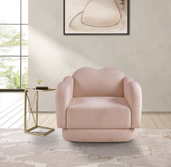 Meridian Furniture Bloom Sculptural Accent Chair Plush Curved Back Design for Modern Living Room or Bedroom Pink Faux Shearling Teddy Fabric 44006Pink-C