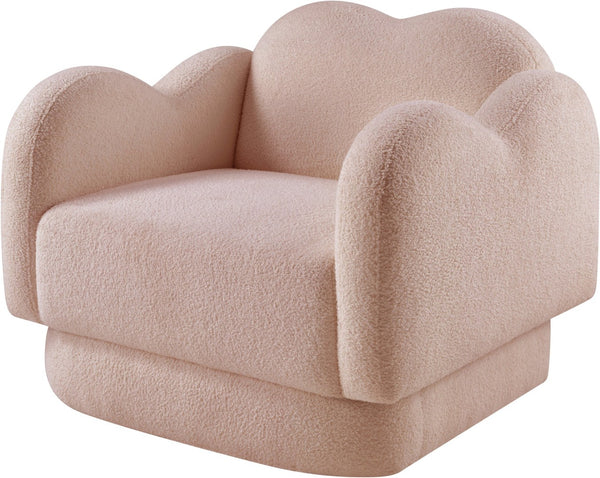 Meridian Furniture Bloom Sculptural Accent Chair Plush Curved Back Design for Modern Living Room or Bedroom Pink Faux Shearling Teddy Fabric 44006Pink-C
