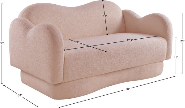 Meridian Furniture Bloom Sculptural Loveseat with Curved Cloud Silhouette and Plush Upholstery for Modern Living Pink Faux Shearling Teddy Fabric 44006Pink-L