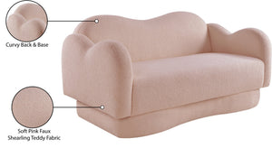 Meridian Furniture Bloom Sculptural Loveseat with Curved Cloud Silhouette and Plush Upholstery for Modern Living Pink Faux Shearling Teddy Fabric 44006Pink-L