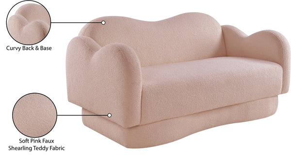 Meridian Furniture Bloom Sculptural Loveseat with Curved Cloud Silhouette and Plush Upholstery for Modern Living Pink Faux Shearling Teddy Fabric 44006Pink-L