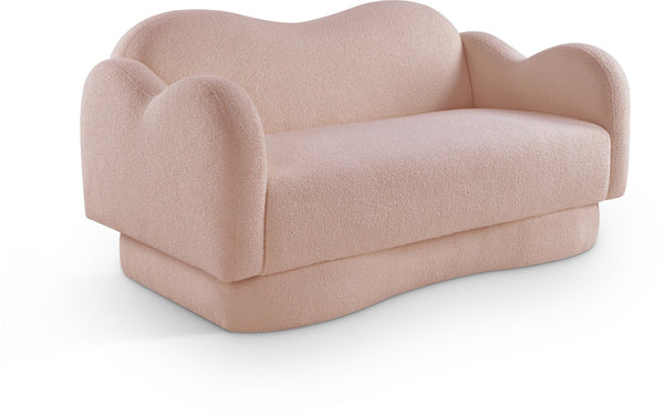 Meridian Furniture Bloom Sculptural Loveseat with Curved Cloud Silhouette and Plush Upholstery for Modern Living Pink Faux Shearling Teddy Fabric 44006Pink-L