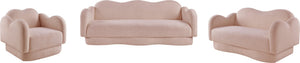 Meridian Furniture Bloom Sculptural Loveseat with Curved Cloud Silhouette and Plush Upholstery for Modern Living Pink Faux Shearling Teddy Fabric 44006Pink-L