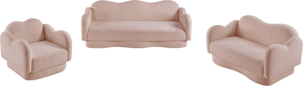 Meridian Furniture Bloom Sculptural Loveseat with Curved Cloud Silhouette and Plush Upholstery for Modern Living Pink Faux Shearling Teddy Fabric 44006Pink-L