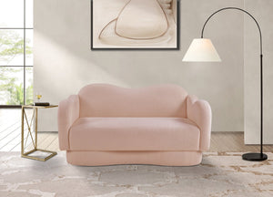 Meridian Furniture Bloom Sculptural Loveseat with Curved Cloud Silhouette and Plush Upholstery for Modern Living Pink Faux Shearling Teddy Fabric 44006Pink-L