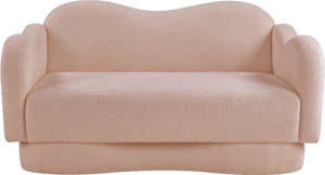 Meridian Furniture Bloom Sculptural Loveseat with Curved Cloud Silhouette and Plush Upholstery for Modern Living Pink Faux Shearling Teddy Fabric 44006Pink-L