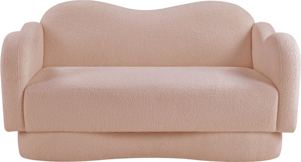 Meridian Furniture Bloom Sculptural Loveseat with Curved Cloud Silhouette and Plush Upholstery for Modern Living Pink Faux Shearling Teddy Fabric 44006Pink-L
