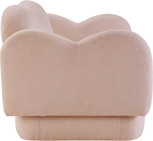 Meridian Furniture Bloom Sculptural Loveseat with Curved Cloud Silhouette and Plush Upholstery for Modern Living Pink Faux Shearling Teddy Fabric 44006Pink-L