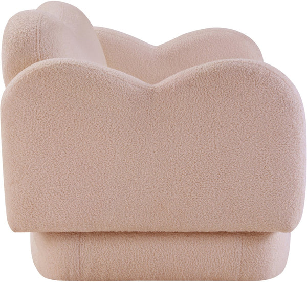 Meridian Furniture Bloom Sculptural Loveseat with Curved Cloud Silhouette and Plush Upholstery for Modern Living Pink Faux Shearling Teddy Fabric 44006Pink-L
