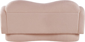 Meridian Furniture Bloom Sculptural Loveseat with Curved Cloud Silhouette and Plush Upholstery for Modern Living Pink Faux Shearling Teddy Fabric 44006Pink-L