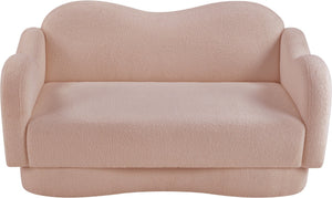 Meridian Furniture Bloom Sculptural Loveseat with Curved Cloud Silhouette and Plush Upholstery for Modern Living Pink Faux Shearling Teddy Fabric 44006Pink-L
