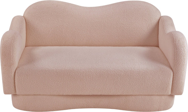 Meridian Furniture Bloom Sculptural Loveseat with Curved Cloud Silhouette and Plush Upholstery for Modern Living Pink Faux Shearling Teddy Fabric 44006Pink-L