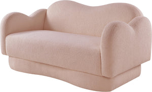 Meridian Furniture Bloom Sculptural Loveseat with Curved Cloud Silhouette and Plush Upholstery for Modern Living Pink Faux Shearling Teddy Fabric 44006Pink-L