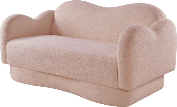 Meridian Furniture Bloom Sculptural Loveseat with Curved Cloud Silhouette and Plush Upholstery for Modern Living Pink Faux Shearling Teddy Fabric 44006Pink-L