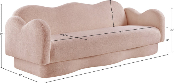 Meridian Furniture Bloom Sculptural Curved Sofa with Cloud Silhouette Seats Three for Modern Living Rooms Pink Faux Shearling Teddy Fabric 44006Pink-S