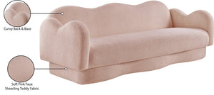 Meridian Furniture Bloom Sculptural Curved Sofa with Cloud Silhouette Seats Three for Modern Living Rooms Pink Faux Shearling Teddy Fabric 44006Pink-S