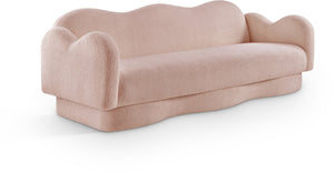Meridian Furniture Bloom Sculptural Curved Sofa with Cloud Silhouette Seats Three for Modern Living Rooms Pink Faux Shearling Teddy Fabric 44006Pink-S