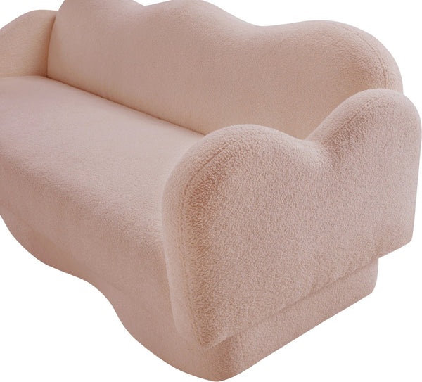 Meridian Furniture Bloom Sculptural Curved Sofa with Cloud Silhouette Seats Three for Modern Living Rooms Pink Faux Shearling Teddy Fabric 44006Pink-S