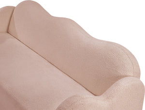 Meridian Furniture Bloom Sculptural Curved Sofa with Cloud Silhouette Seats Three for Modern Living Rooms Pink Faux Shearling Teddy Fabric 44006Pink-S