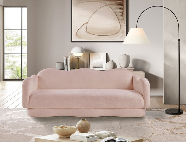 Meridian Furniture Bloom Sculptural Curved Sofa with Cloud Silhouette Seats Three for Modern Living Rooms Pink Faux Shearling Teddy Fabric 44006Pink-S