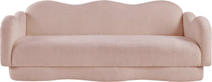 Meridian Furniture Bloom Sculptural Curved Sofa with Cloud Silhouette Seats Three for Modern Living Rooms Pink Faux Shearling Teddy Fabric 44006Pink-S