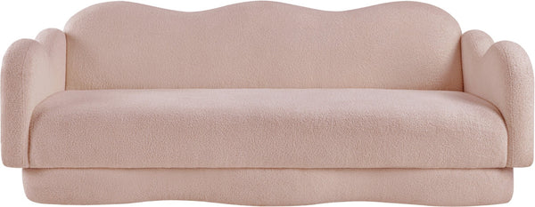 Meridian Furniture Bloom Sculptural Curved Sofa with Cloud Silhouette Seats Three for Modern Living Rooms Pink Faux Shearling Teddy Fabric 44006Pink-S