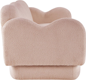 Meridian Furniture Bloom Sculptural Curved Sofa with Cloud Silhouette Seats Three for Modern Living Rooms Pink Faux Shearling Teddy Fabric 44006Pink-S