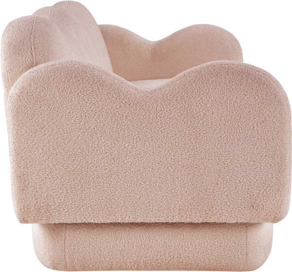 Meridian Furniture Bloom Sculptural Curved Sofa with Cloud Silhouette Seats Three for Modern Living Rooms Pink Faux Shearling Teddy Fabric 44006Pink-S