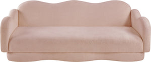 Meridian Furniture Bloom Sculptural Curved Sofa with Cloud Silhouette Seats Three for Modern Living Rooms Pink Faux Shearling Teddy Fabric 44006Pink-S