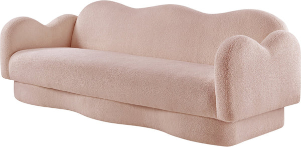 Meridian Furniture Bloom Sculptural Curved Sofa with Cloud Silhouette Seats Three for Modern Living Rooms Pink Faux Shearling Teddy Fabric 44006Pink-S
