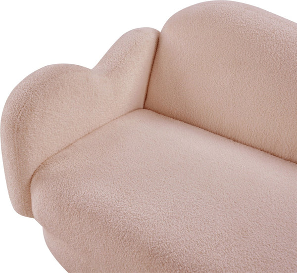 Meridian Furniture Bloom Sculptural Curved Sofa with Cloud Silhouette Seats Three for Modern Living Rooms Pink Faux Shearling Teddy Fabric 44006Pink-S