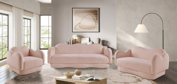 Meridian Furniture Bloom Sculptural Curved Sofa with Cloud Silhouette Seats Three for Modern Living Rooms Pink Faux Shearling Teddy Fabric 44006Pink-S