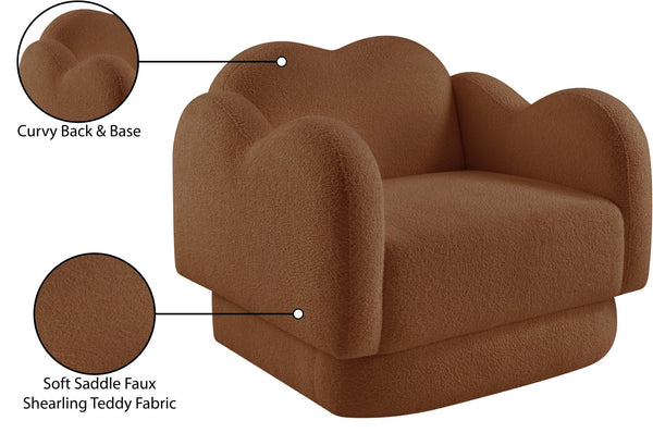 Meridian Furniture Bloom Sculptural Accent Chair Plush Curved Back Design for Modern Living Room or Bedroom Saddle Faux Shearling Teddy Fabric 44006Saddle-C