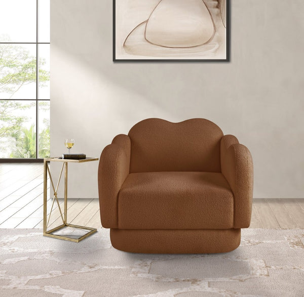 Meridian Furniture Bloom Sculptural Accent Chair Plush Curved Back Design for Modern Living Room or Bedroom Saddle Faux Shearling Teddy Fabric 44006Saddle-C