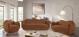 Meridian Furniture Bloom Sculptural Accent Chair Plush Curved Back Design for Modern Living Room or Bedroom Saddle Faux Shearling Teddy Fabric 44006Saddle-C