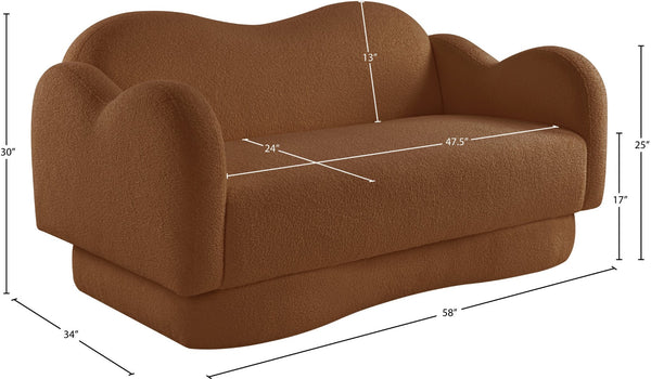 Meridian Furniture Bloom Sculptural Loveseat with Curved Cloud Silhouette and Plush Upholstery for Modern Living Saddle Faux Shearling Teddy Fabric 44006Saddle-L