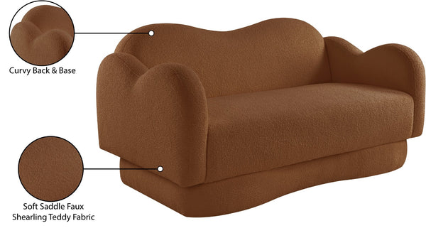 Meridian Furniture Bloom Sculptural Loveseat with Curved Cloud Silhouette and Plush Upholstery for Modern Living Saddle Faux Shearling Teddy Fabric 44006Saddle-L
