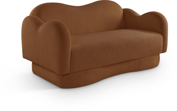 Meridian Furniture Bloom Sculptural Loveseat with Curved Cloud Silhouette and Plush Upholstery for Modern Living Saddle Faux Shearling Teddy Fabric 44006Saddle-L