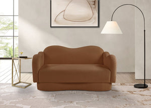 Meridian Furniture Bloom Sculptural Loveseat with Curved Cloud Silhouette and Plush Upholstery for Modern Living Saddle Faux Shearling Teddy Fabric 44006Saddle-L
