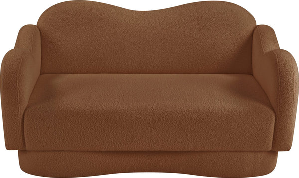 Meridian Furniture Bloom Sculptural Loveseat with Curved Cloud Silhouette and Plush Upholstery for Modern Living Saddle Faux Shearling Teddy Fabric 44006Saddle-L