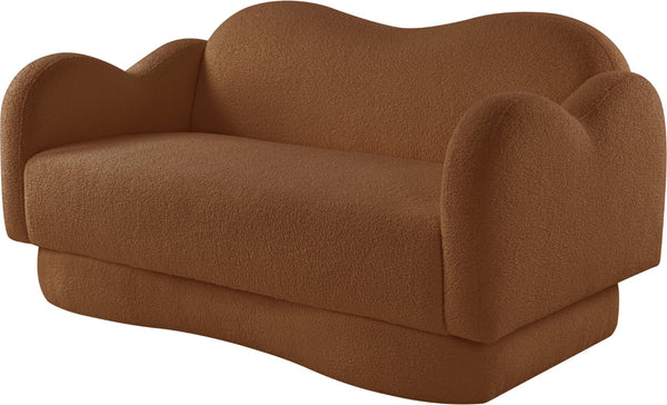 Meridian Furniture Bloom Sculptural Loveseat with Curved Cloud Silhouette and Plush Upholstery for Modern Living Saddle Faux Shearling Teddy Fabric 44006Saddle-L