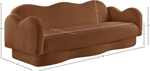 Meridian Furniture Bloom Sculptural Curved Sofa with Cloud Silhouette Seats Three for Modern Living Rooms Saddle Faux Shearling Teddy Fabric 44006Saddle-S