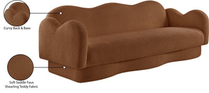 Meridian Furniture Bloom Sculptural Curved Sofa with Cloud Silhouette Seats Three for Modern Living Rooms Saddle Faux Shearling Teddy Fabric 44006Saddle-S