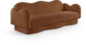 Meridian Furniture Bloom Sculptural Curved Sofa with Cloud Silhouette Seats Three for Modern Living Rooms Saddle Faux Shearling Teddy Fabric 44006Saddle-S