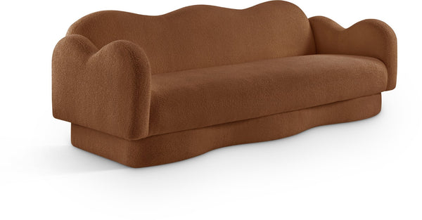 Meridian Furniture Bloom Sculptural Curved Sofa with Cloud Silhouette Seats Three for Modern Living Rooms Saddle Faux Shearling Teddy Fabric 44006Saddle-S